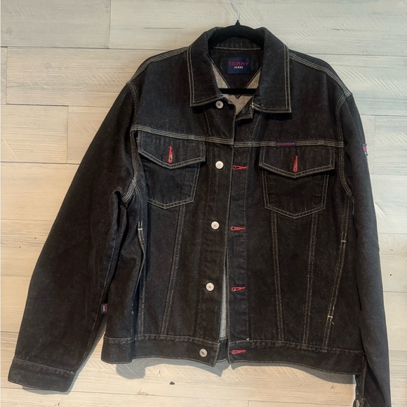 Tommy Hilfiger Black Denim Jacket with Red Accents - Picture 1 of 11